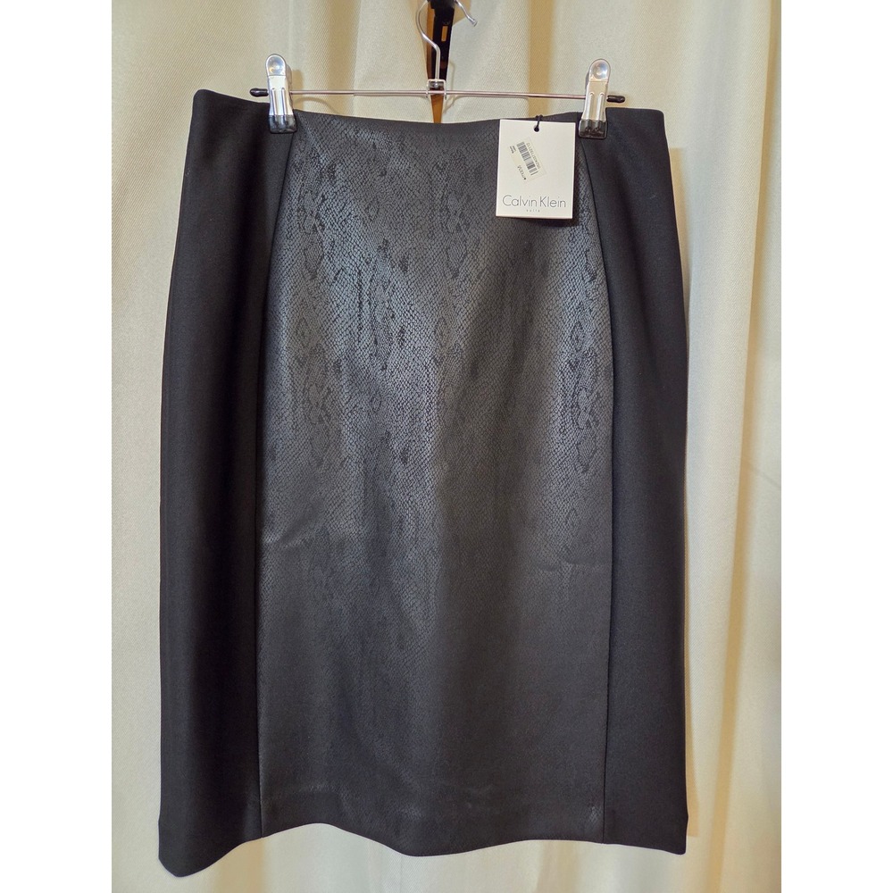 Calvin Klein Black Snakeskin Pencil Skirt Size 10 Mixed Media Knee Length NWT